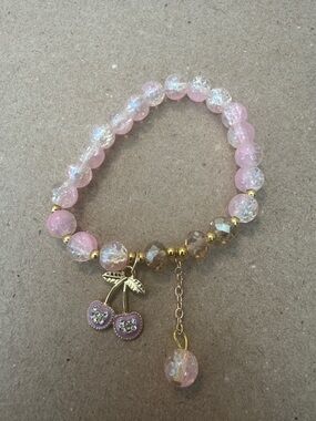 Pink Crackle Bead Bracelet with Cherry Charm